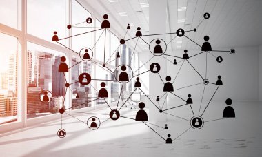 Noktalarla bağlantılı çizgiler ofis içi sosyal iletişim konsepti olarak. 3B görüntüleme