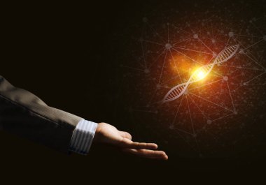Dna molekülü araştırma kavram olarak sunulması iş adamı el kapatın. Karışık teknik