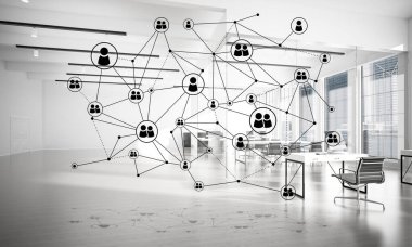 Noktalarla bağlantılı çizgiler ofis içi sosyal iletişim konsepti olarak. 3B görüntüleme