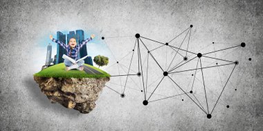 Bağlantı konsepti yüzen ada ve üzerinde kitap oturan mutlu kız çocuğu