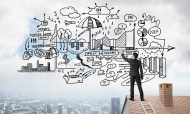 İş başarı planı çizim arka olan genç adam. Karışık teknik