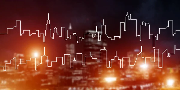 Modern night city scape glowing with lights and its drawn silhouette