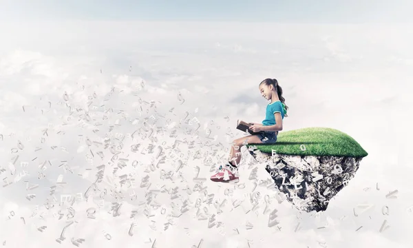 Cute Smiling Teenage Girl Floating Sky Island Reading Book — Stock Photo, Image