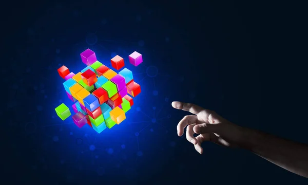 Proche Homme Main Tenant Cube Figure Comme Symbole Innovation Techniques — Photo