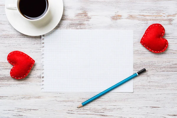 Coffee Cup Notepad Pencil Two Red Hearts Wooden Surface — Stock Photo, Image