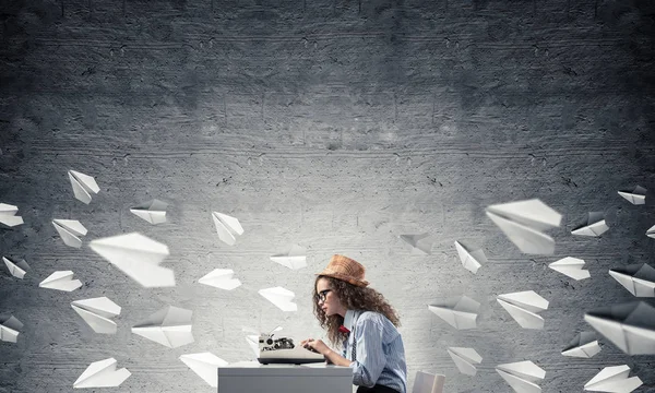 Young Beautiful Woman Writer Hat Eyeglasses Using Typing Machine While — Stock Photo, Image