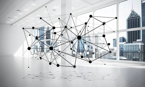 Lines connected with dots as social communication concept in office interior. 3D rendering