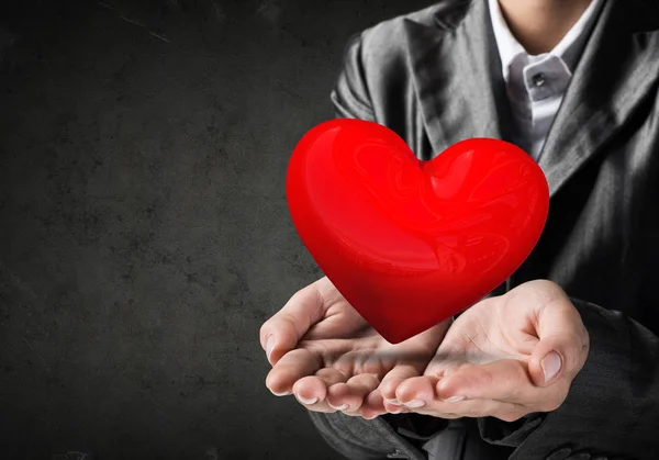 Cropped Image Businessman Suit Presenting Big Red Heart His Hands — Stock Photo, Image