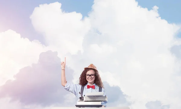 Young Beautiful Woman Writer Hat Eyeglasses Using Typing Machine While — Stock Photo, Image