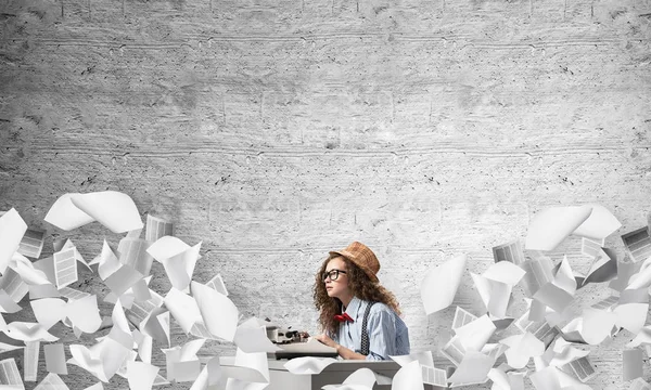 Young Beautiful Woman Writer Hat Eyeglasses Using Typing Machine While — Stock Photo, Image