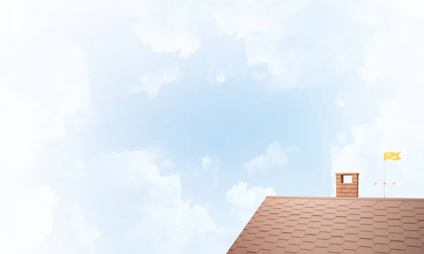 Brown Brick Roof Chimney Blue Sky Background Mixed Media — Stock Photo, Image