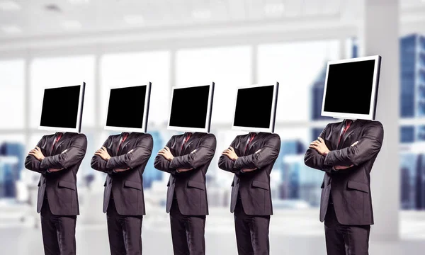 Businessmen Suits Monitors Instead Heads Keeping Arms Crossed While Standing — Stock Photo, Image