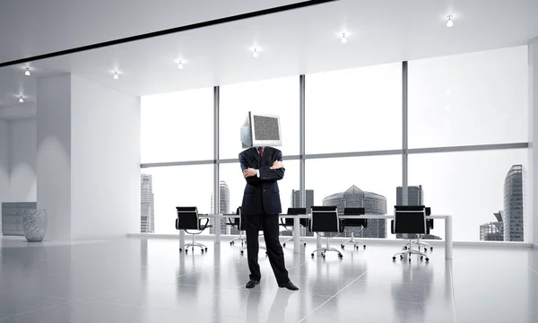 Businessman Suit Monitor Instead Head Keeping Arms Crossed While Standing — Stock Photo, Image