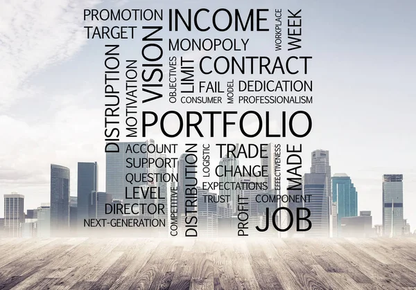 Concept Modern Business Keywords Collage Cityscape Background — Stock Photo, Image