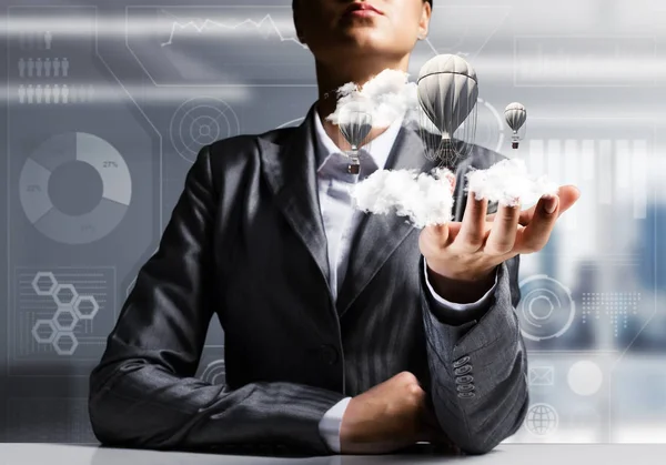 Closeup Business Woman Suit Presenting Flying Aerostate Clouds Her Palm — Stock Photo, Image