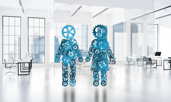 Figures Man Woman Made Gears Cogwheels White Office Background Rendering — Stock Photo, Image