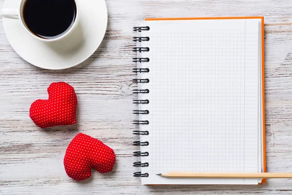 Coffee Cup Notepad Pencil Two Red Hearts Wooden Surface — Stock Photo, Image