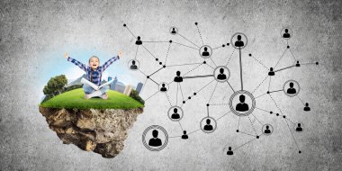 Bağlantı konsepti yüzen ada ve üzerinde kitap oturan mutlu kız çocuğu