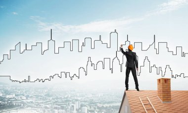 Mühendis, evinin çatısına geri döndü ve şehri çiziyor. Karışık ortam