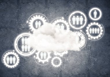 Çarklı arkaplan resmi ve beton duvarda bulut hesaplama bağlantısı kavramı