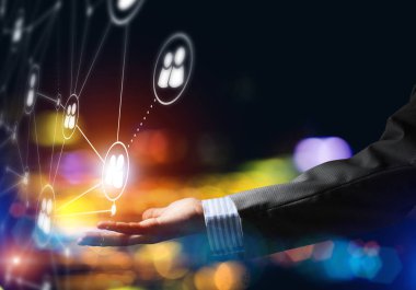 Koyu arkaplan üzerinde sosyal bağlantı çizgileri olan arkaplan kavramsal resmi