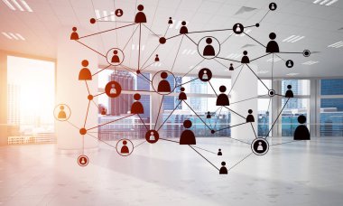 Noktalarla bağlantılı çizgiler ofis içi sosyal iletişim konsepti olarak. 3B görüntüleme