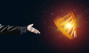 Dna molekülü araştırma kavram olarak sunulması iş adamı el kapatın. Karışık teknik