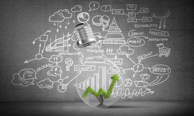 Kabataslak iş planı bilgileri gri duvara karşı ampul yeşil grafik içinde büyüyen ile yerleştirilir. 3D render.