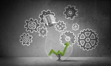 Yeşil ok grafik içinde büyüyen ile ampul kabataslak dişli mekanizması arka planda gri duvara karşı yerleştirilir. 3D render.