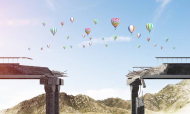 Balonlar arasında yüksek dağlar ve Clear gökyüzü arka plan üzerinde uçan ile kırık beton köprü. 3D render.