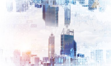 İki modern kentsel dünya baş aşağı birbirine gökyüzü arka plan ve medya arabiriminde bulunan soyut görüntüsü. Çift pozlama. Duvar kağıdı, zemin ile boşaltmak.