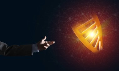 Dna molekülü araştırma kavram olarak sunulması iş adamı el kapatın. Karışık teknik