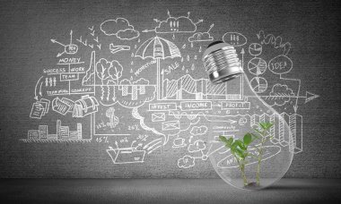 Gri duvar üzerinde kabataslak iş analitik bilgi karşı ampul içinde yeşil bitki ile yerleştirilir. 3D render.