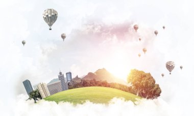 Gökyüzünde bulutların üzerinde yüzen binalar ve gökdelenlerle modern şehir manzarası