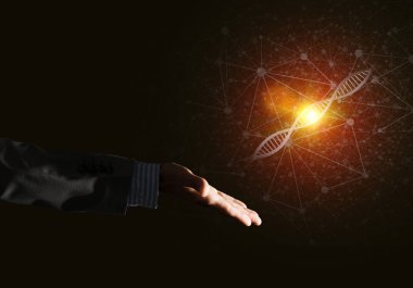 Dna molekülü araştırma kavram olarak sunulması iş adamı el kapatın. Karışık teknik