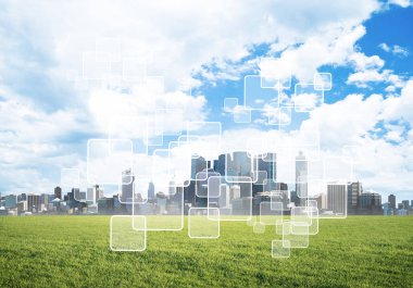 Ekranda medya simgelerine ve arka planda iş şehrine sahip modern teknolojiler kavramı