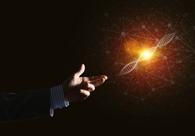 Dna molekülü araştırma kavram olarak sunulması iş adamı el kapatın. Karışık teknik