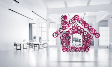 Kavramsal arka plan görüntüsü ev işareti ile bağlı vites yaptı. 3D render