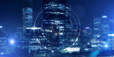 Gece parlayan şehre karşı sanal arayüzü olan arkaplan kavramsal görüntüsü