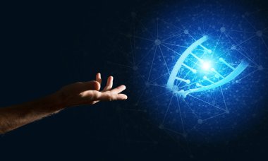 Dna molekülü araştırma kavram olarak sunan adam el kapatın. Karışık teknik