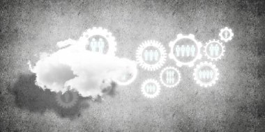 Çarklı arkaplan resmi ve beton duvarda bulut hesaplama bağlantısı kavramı