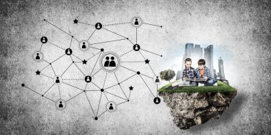 ECO konsepti yüzen ada ve üzerinde kitap oturan çocuklar.