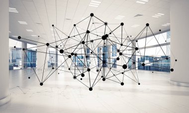 Noktalarla bağlantılı çizgiler ofis içi sosyal iletişim konsepti olarak. 3B görüntüleme