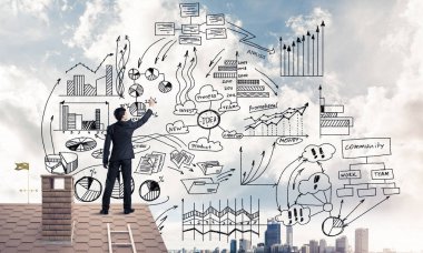 İş başarı planı çizim arka olan genç adam. Karışık teknik