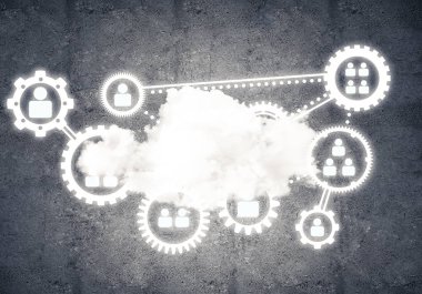 Çarklı arkaplan resmi ve beton duvarda bulut hesaplama bağlantısı kavramı