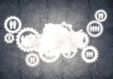 Çarklı arkaplan resmi ve beton duvarda bulut hesaplama bağlantısı kavramı