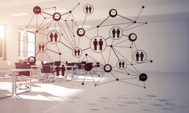 Noktalarla bağlantılı çizgiler ofis içi sosyal iletişim konsepti olarak. 3B görüntüleme