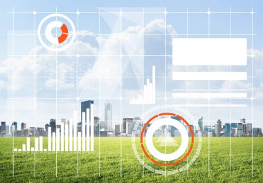 Ekranda medya simgelerine ve arka planda iş şehrine sahip modern teknolojiler kavramı