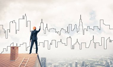 Mühendis, evinin çatısına geri döndü ve şehri çiziyor. Karışık ortam