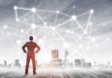 İşadamı arkasını kolluyor ve ağ çizimi kavramına bakıyor